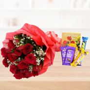 Excellent Gift - 12 Red Roses Bunch, 5 Assorted Cadbury Bars and Card