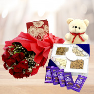 Amazing Gift - 12 Red Roses Bunch, Assorted Dry Fruits 200 gms in Box, 5 Dairy Milk, Teddy 6 Inch and Card