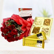 Perfect Gift - 12 Red Roses Bunch, Assorted Dry Fruits 200 gms in Box, 2 Temptation and Card