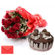 Marvelous Delight - 10 Red Roses, Ferrero Rocher Cake 1/2 Kg and Card