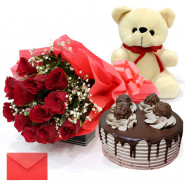Charming and Appealing - 10 Red Roses, Ferrero Rocher Cake 1/2 Kg, Teddy 6 inch and Card