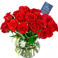 Red Roses Vase - 10 Artificial Red Roses + Card