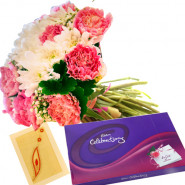 Valley of Love - 12 Pink & White Gerberas Bouquet + Cadbury Celebration 200 gms + Card