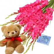 Passionable Pink - 20 Pink Gladiolus in Bunch + Teddy 8" + Card
