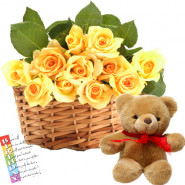Specially for You - 15 Yellow Roses Basket+ Teddy 6" + Card
