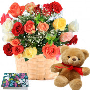 Ever Caring Love - 20 Mix Roses Basket + Teddy 8" + Card