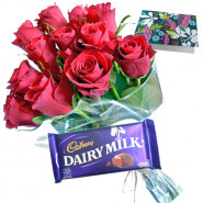 Roses N Chocolate - 10 Red Roses + Dairy Milk + Card