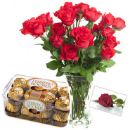 Classic Choice - 12 Red Roses in Vase + Ferrero Rocher 16 pcs + Card