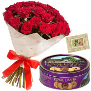 Flowers N Cookies - 12 Red Roses + Danish Butter Cookies 454 gms + Card