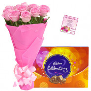 Love Celebration - 12 Pink Roses + Cadbury's Celebrations Pack + Card