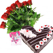 Roses & Black Forest Cake - 15 Red Roses + Black Forest Heart Cake 1kg + Card