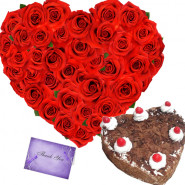 Beauty of Heart - Heart Shape of 40 Red Roses + Black Forest Heart Cake 1kg + Card