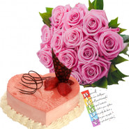 Pink Treat - 15 Pink Roses + Heart Cake 1kg + Card