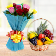 Fruit Combo - 12 Mix Roses Bouquet, 2 Kg Mix Fruits in Basket and Card