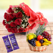 Perfect love Combo - 12 Red Roses Bouquet, 3 Kg Fruits in Basket, 2 Dairy Milk 20 gms Each and Card