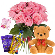 Special Treat - 15 Pink Roses + 5 Cadbury Chocolates + Teddy 8" + Card