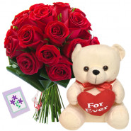 Roses & Teddy - 20 Red Roses + Teddy with Heart 8' + Card