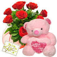 Roses & Big Teddy - 15 Red Roses Bunch + Teddy with Heart 24" + Card