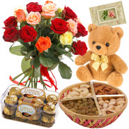 Smashing Gifts - 15 Mix Roses + Teddy Bear 6" + Ferrero Rocher 16 pcs + 200 Gms Assorted Dryfruits Basket + Card