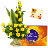 Superlative - Basket 15 Yellow Flowers + Cadbury Celebration + Card