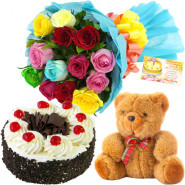 Praiseworthy - Bouquet 12 Mix Roses + 1/2 Kg Black Forest Cake + Teddy 6 inch+ Card