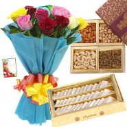 Outstanding Gifts - 15 Mix Roses + Kaju Katli 250 gms + Assorted Dry Fruits 200 gms in Box + Card