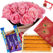 Remarkable Gifts - Bouquet 12 Pink Roses + Kaju Kesar Katli Box 250 Gms + 5 Cadbury Chocolate Bar + Card