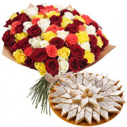 Magnificent - Bouquet Of 50 Multi Color Roses + Kaju Katli Sweet Box 250 Gms  + Card