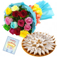 Hypnotic - 12 Mix Roses Bouquet + 250 Gms Kaju Katli + Card