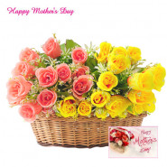 Flowers For Mumma - 24 Pink and Yellow Roses Basket and Card