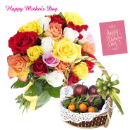 12 Mix Roses Bouquet, 2 Kg Mix Fruits in Basket and Mother's Day Greeting Card