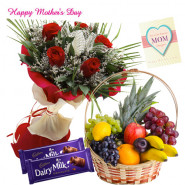 12 Red Roses Bouquet, 3 Kg Fruits in Basket, 2 Dairy Milk 20 gms Each and Mother's Day Greeting Card