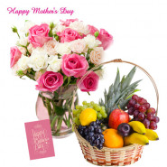 15 Pink & White Roses in Vase, 4 kg Mix Fruits Basket and Mother's Day Greeting Card