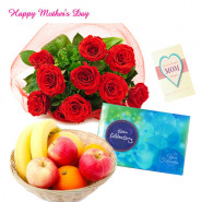 12 Red Roses Bouquet, Celebrations, 1 kg Fruits in Basket and Mother's Day Greeting Card