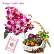 6 Purple Orchids Bouquet, 2 Kg Mix Fruits in Baket and Mother's Day Greeting Card