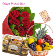 15 Red Roses Bouquet, Ferrero Rocher 16 pcs, 2 Kg Fruits in Basket and Mother's Day Greeting Card