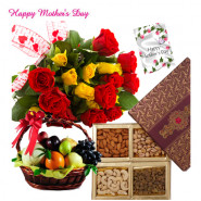 12 Red & Yellow Roses Bouquet, 2 Kg Mix Fruits in Basket, 200 gms Assorted Dryfruits and Mother's Day Greeting Card