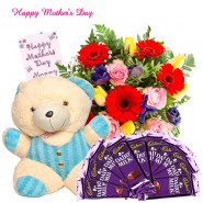 Flowers Hamper - 50 Assorted Flowers in Bunch, Teddy 8", 10 Dairy Milk 20 gms each and Card