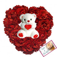 Heartly Arrangement - 25 Red Roses Heart Shaped Arrangement + Teddy 8' + Card
