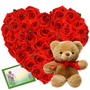 Love Heart - 40 Red Roses Heart Shaped Arrangement + Teddy 6' + Card