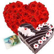 Pure Heart - 30 Red Roses Heart Shaped + Black Forest Heart Cake 2 kg + Card