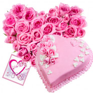 Elegant Heart - - 40 Pink Roses Heart Shaped + Heart Strawberry Cake 1 kg + Card