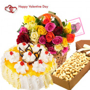Valentine Pina Treat - 50 Mix Roses in Basket, 1/2 kg Pineapple Cake, 400 gms Cashew in Box and Card