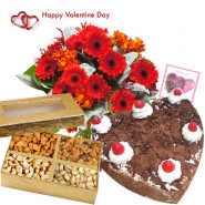 Valentine Nutty Hamper - 20 Red Gerberas in Bunch, 1/2 kg Black Forest Cake, Assorted Dryfruit 200 gms Basket and Card