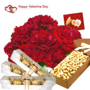 Valentine Dry Fruits - 12 Red Carnations in Bunch, Cashew 200 gms box, 3 Packs Ferrero Rocher 4 pcs and Card