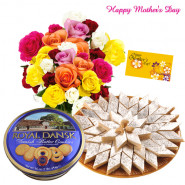 For My Mom - 20 Mix Roses, 500 gms Kaju Katli, Danish Cookies 454 gms and Card