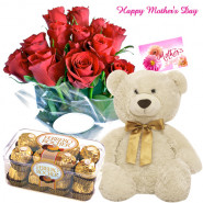 Friendly Mother - Bunch of 12 Red Roses, Ferrero Rocher 16 pcs, 6 inch teddy and Card