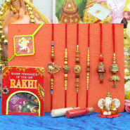 Rakhi Family Set - Rudraksha with Sandalwood, Diamond, 2 Lumbas, Pearl and Kids Rakhis