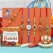 Rakhi Family Set - Rudraksha with Auspicious, 3 Diamond, Lumbas and Kids Rakhis