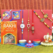 Rakhi Family Set - Auspicious Rakhi with Diamond, Pearl, 2 Lumba and 2 Kids Rakhis
